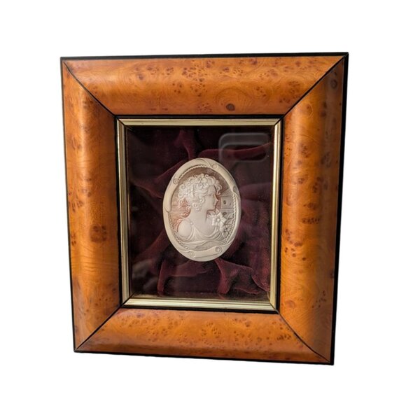 Adame Jewelry - Vintage Italian Cameo Art Burled Wood Frame Velvet Backing made in Italy